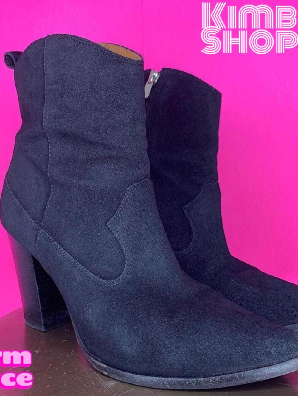 & Other Stories Black Suede Western Block Heel Pointed Toe Ankle Boots US 9 UK 7